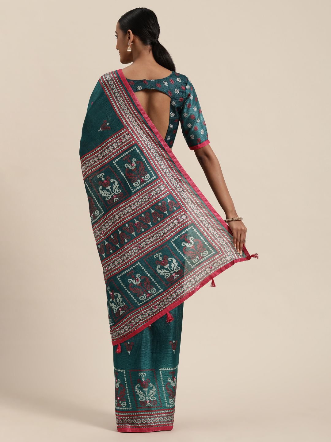 Saree mall Teal Blue & Red Jute Silk Printed Block Print Saree
