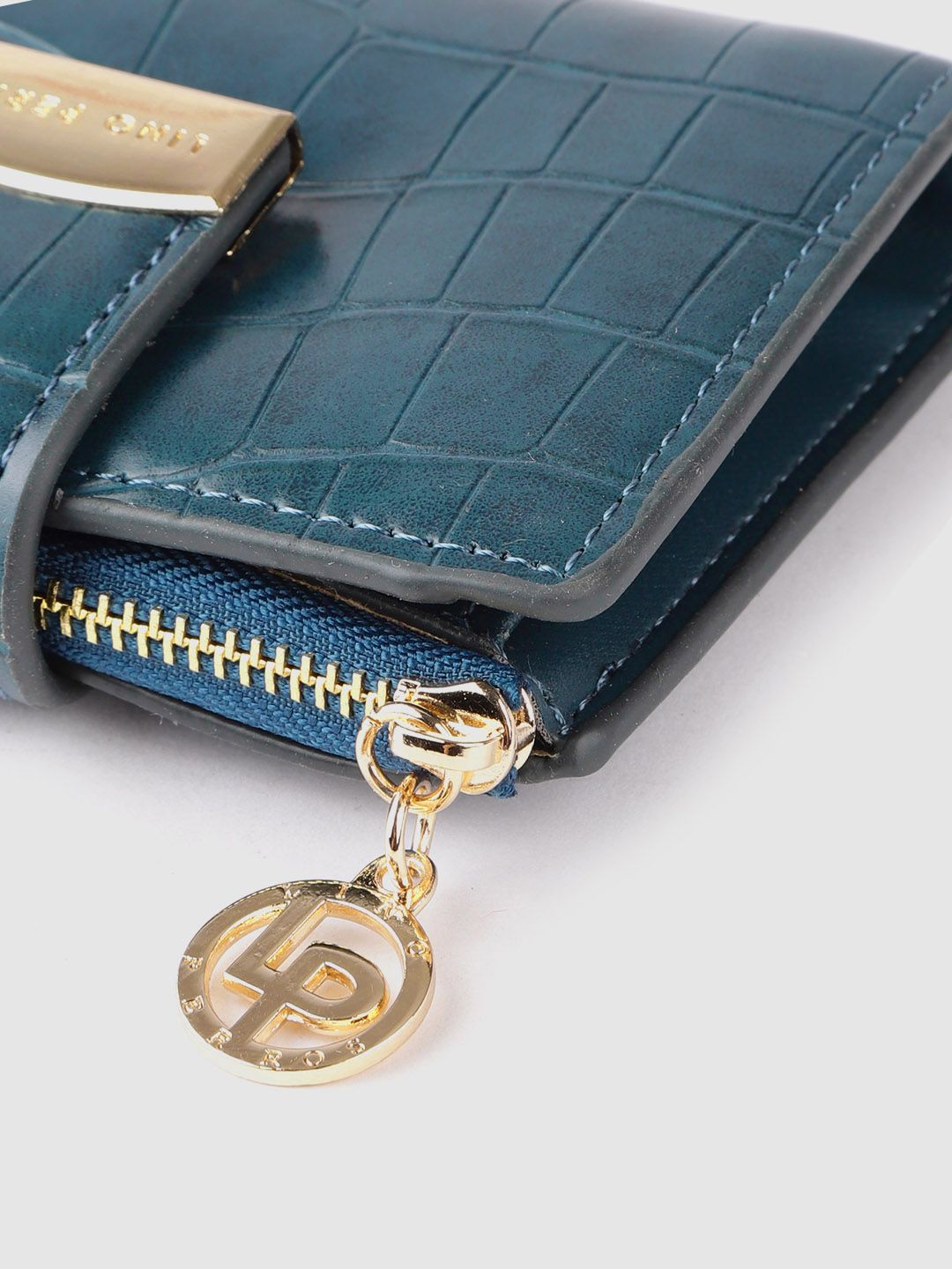 Lino Perros Women Teal Blue Croc Textured Two Fold Wallet