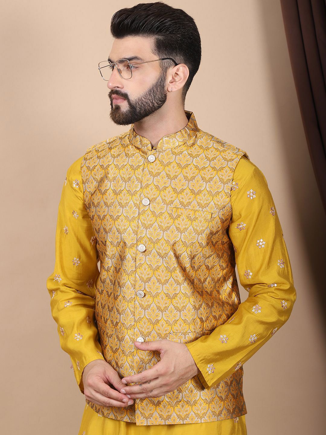Anouk Mustard-Yellow Floral Embroidered Cotton Silk Kurta with Churidar & Nehru Jacket