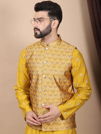 Anouk Mustard-Yellow Floral Embroidered Cotton Silk Kurta with Churidar & Nehru Jacket