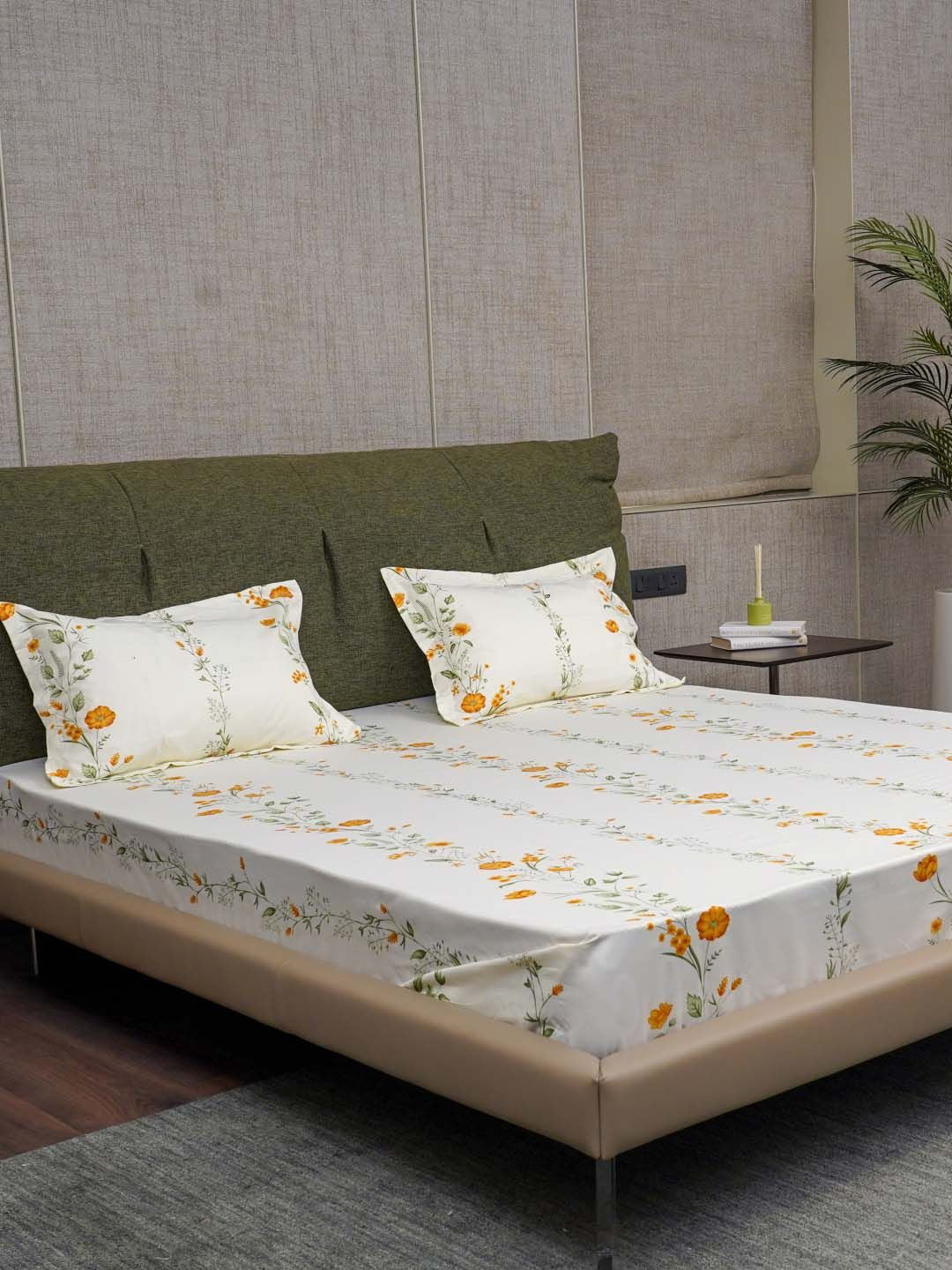 URBAN SPACE Serene Yellow Floral Printed Cotton 200 TC Queen Bedsheet with 2 Pillow Covers