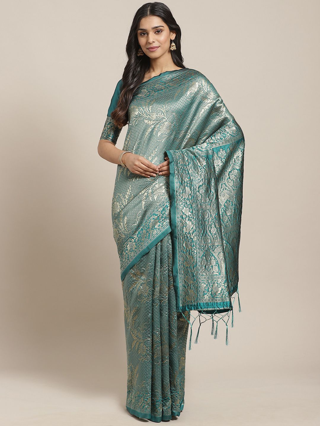 Saree mall Teal Green & Golden Woven Design Banarasi Saree