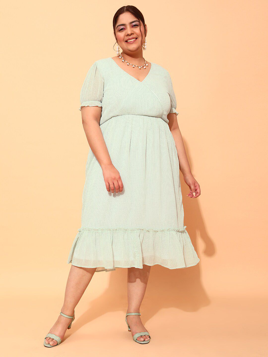 CURVY STREET Plus Size Sea Green & Black Polka Dot Printed Puff Sleeve A-Line Dress