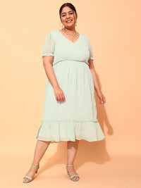 CURVY STREET Plus Size Sea Green & Black Polka Dot Printed Puff Sleeve A-Line Dress