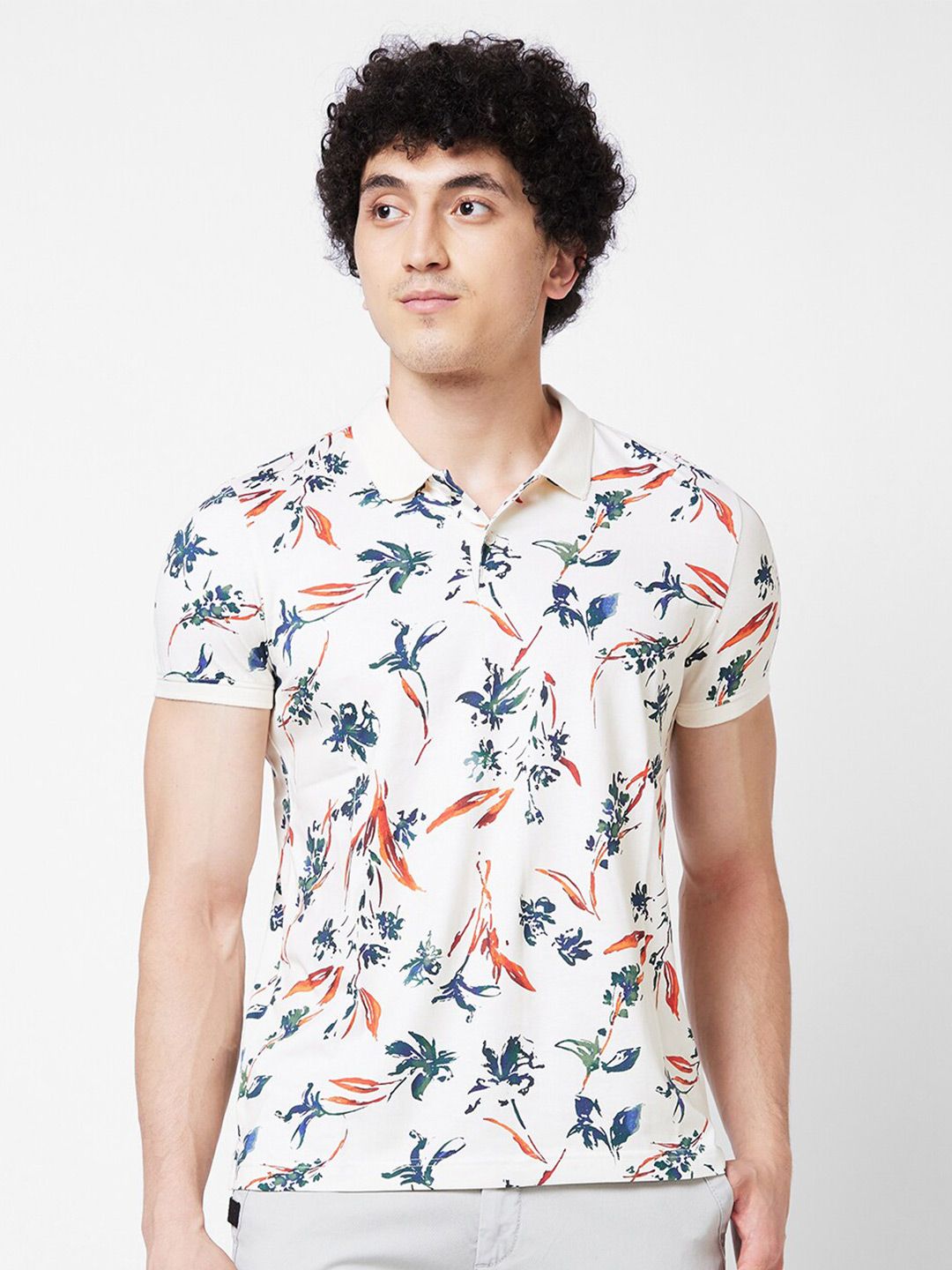 SPYKAR Floral Printed Polo Collar Cotton Slim Fit T-shirt