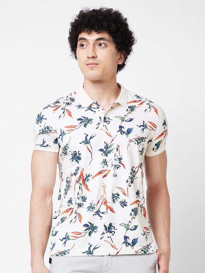 SPYKAR Floral Printed Polo Collar Cotton Slim Fit T-shirt