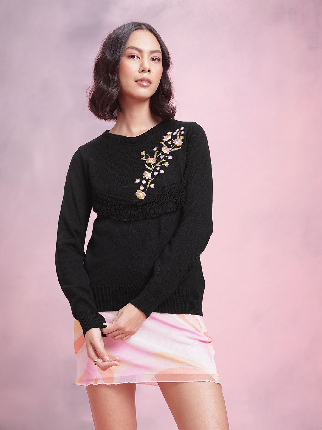 DressBerry Acrylic Floral Embroidered Pullover with Fringed Detail