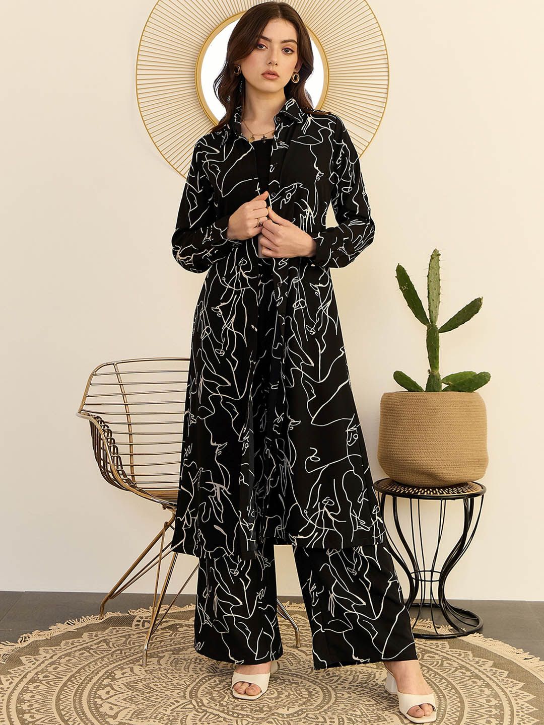 Berrylush Printed Longline Shirt With Trousers Co-Ords