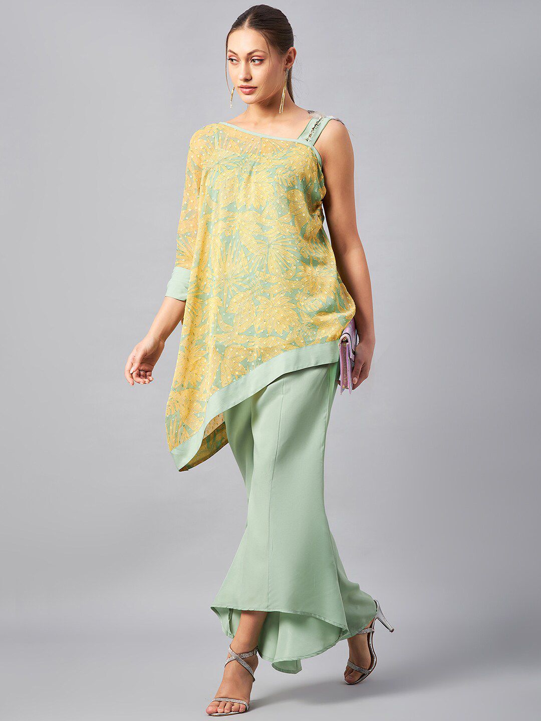 Antheaa Self Design One Shoulder Tunic With Flared Palazzos