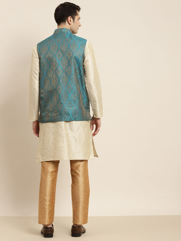 SOJANYA Men Beige Striped Kurta with Pyjamas & Nehru Jacket