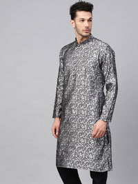 SOJANYA Men Grey & White Woven Design Straight Kurta