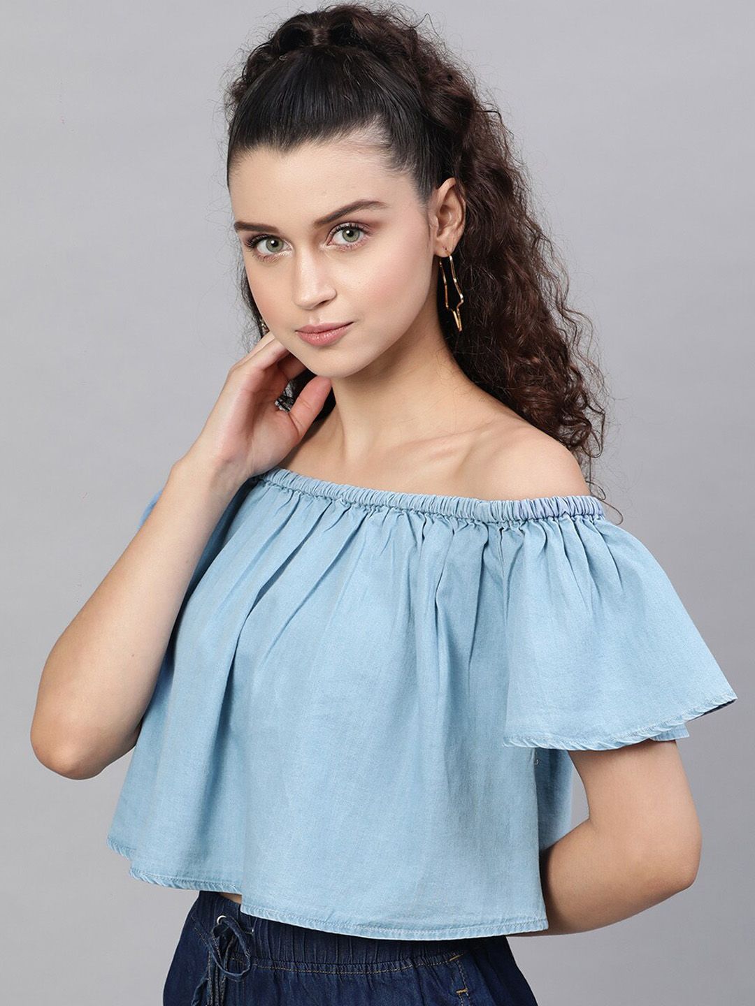 STREET 9 Blue Off-Shoulder Flared Sleeves Pure Cotton Denim Bardot Crop Top