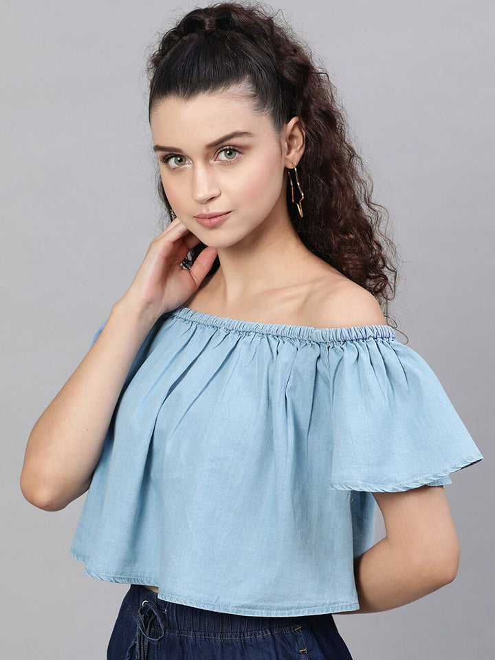 STREET 9 Blue Off-Shoulder Flared Sleeves Pure Cotton Denim Bardot Crop Top