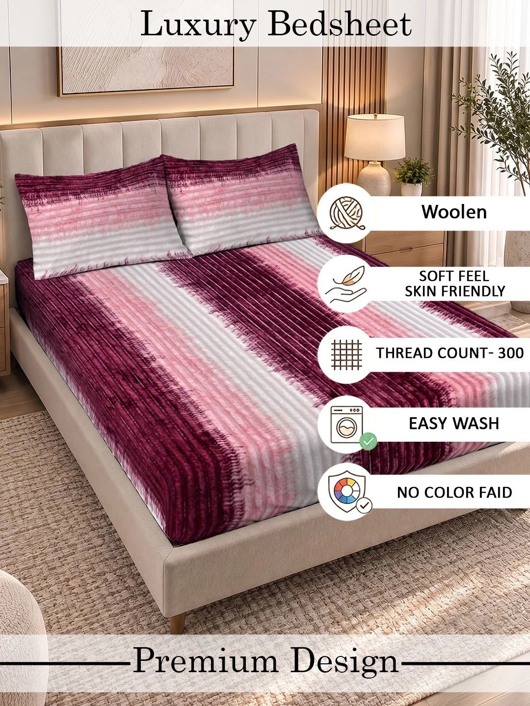 KLOTTHE Maroon & Pink Striped 300 TC King Bedsheet with 2 Pillow Covers