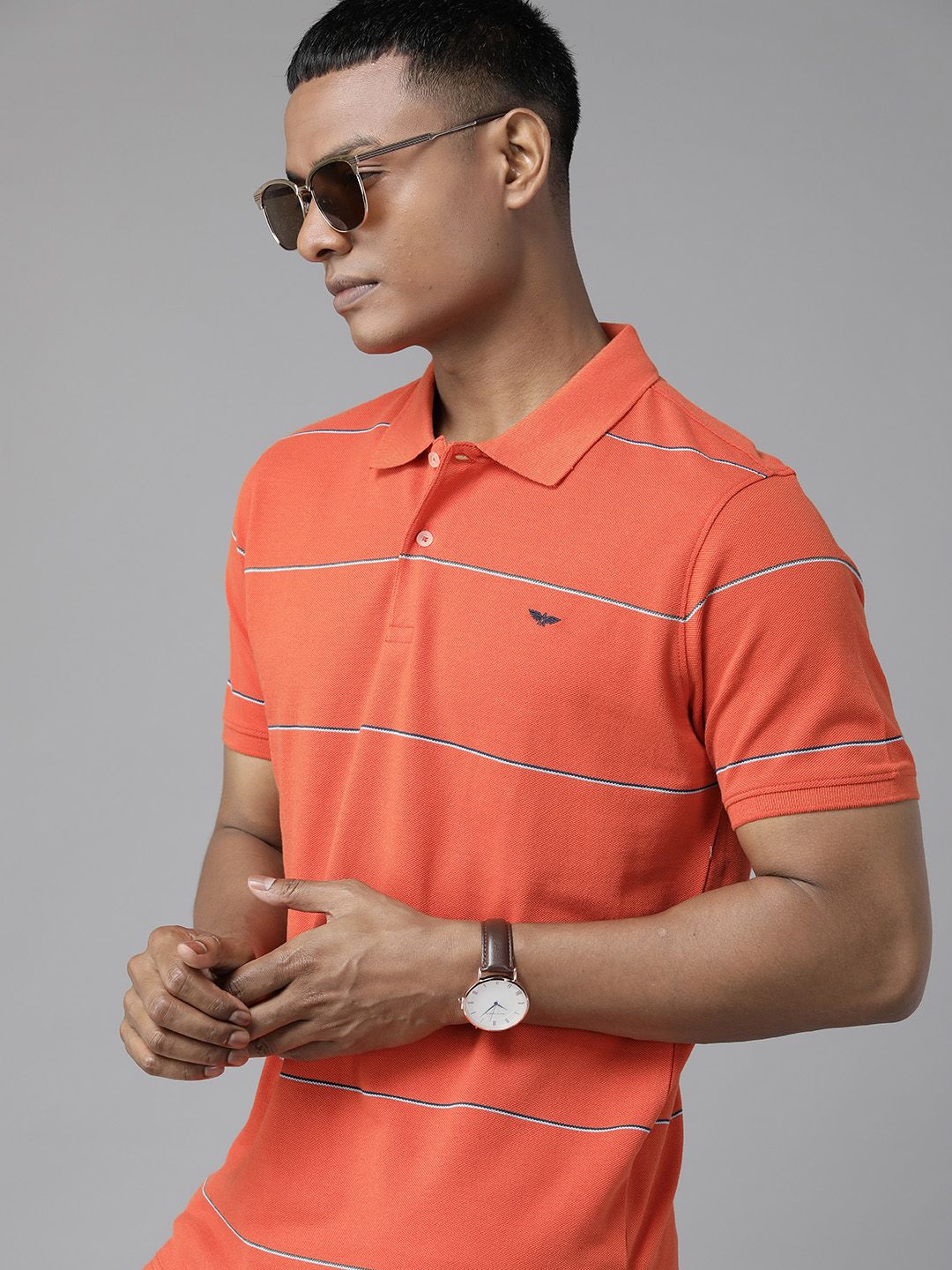 Park Avenue Men Striped Polo Collar Slim Fit T-shirt