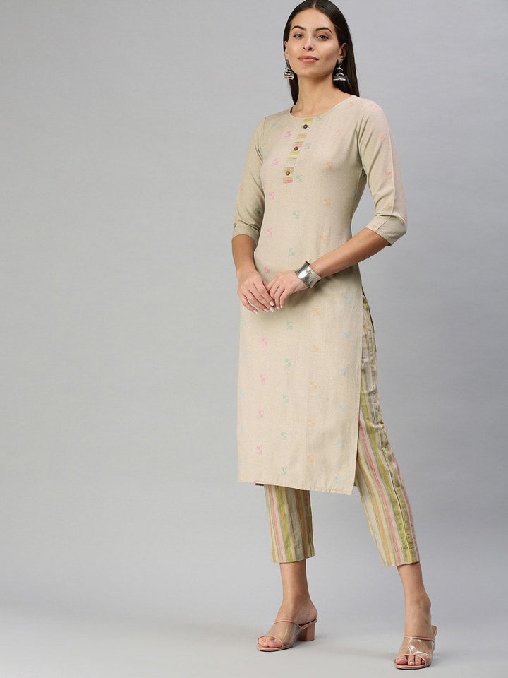 KALINI Geometric Woven Design Mandarin Collar Kurta with Trousers