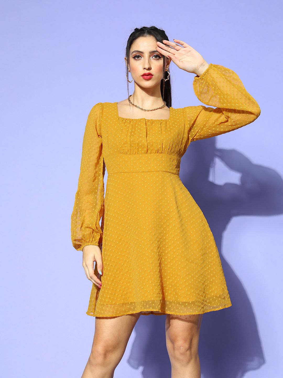 Berrylush Women Mustard Self-Design Once Upon a Sleeve Dress