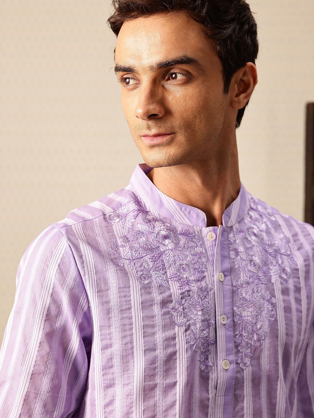 House of Pataudi Striped Mandarin Collar Thread Work Jashn Kurta
