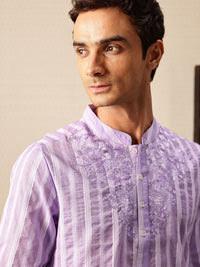 House of Pataudi Striped Mandarin Collar Thread Work Jashn Kurta