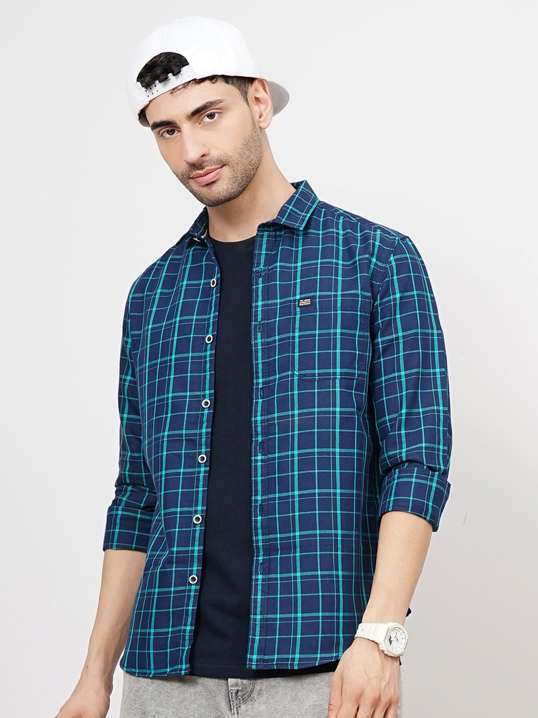 The Indian Garage Co Men Navy Blue & Green Slim Fit Checked Casual Shirt