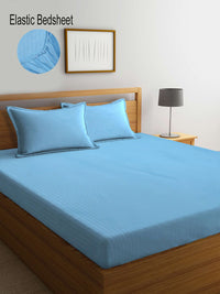 KLOTTHE Blue Striped 300 TC Fitted Super king Double Bedsheet with 2 Pillow Covers