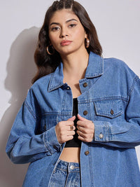 SASSAFRAS Women Spread Collar Solid Casual Denim Jacket