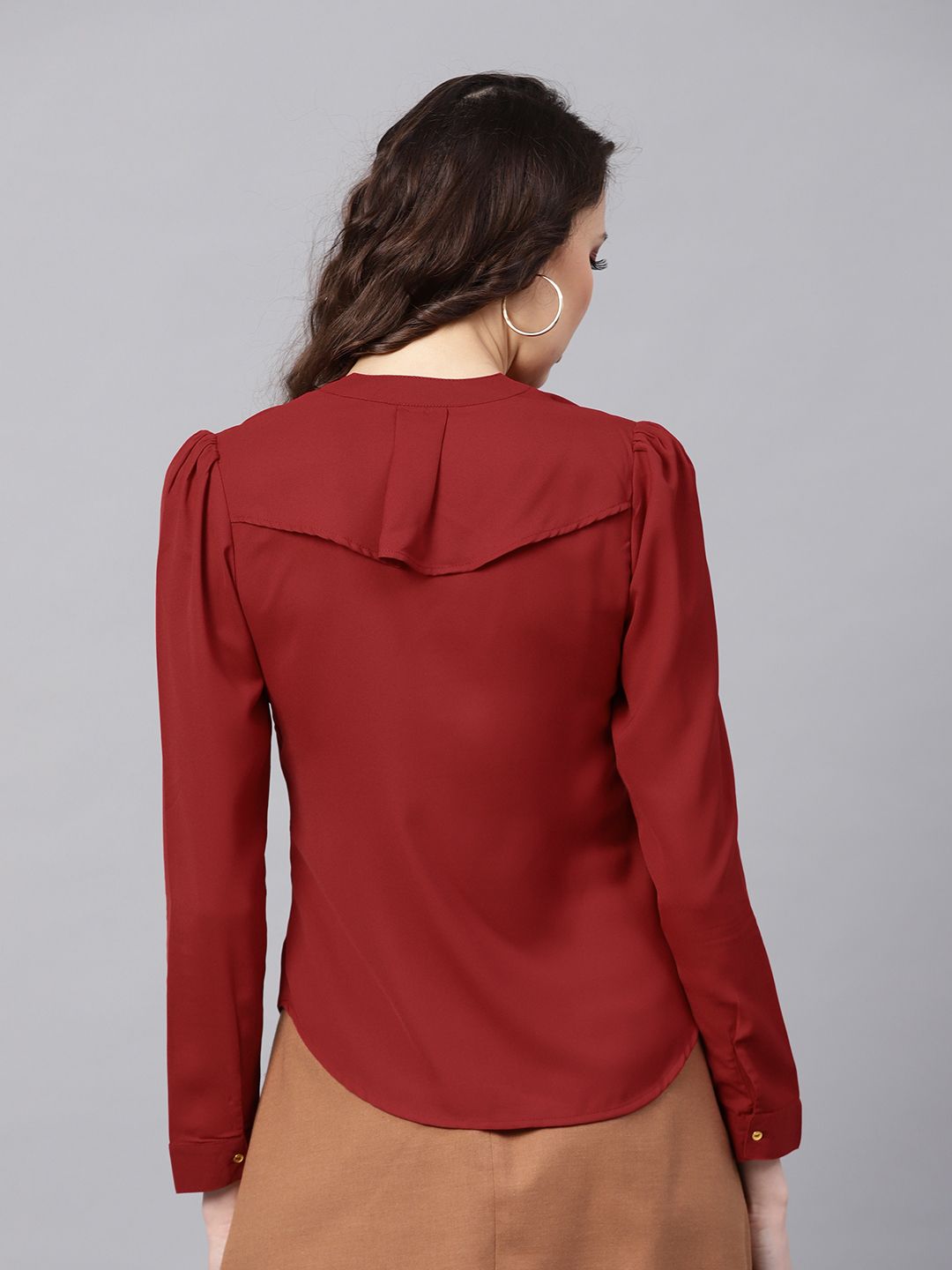 SASSAFRAS Women Maroon Ruffled Shirt Style Top