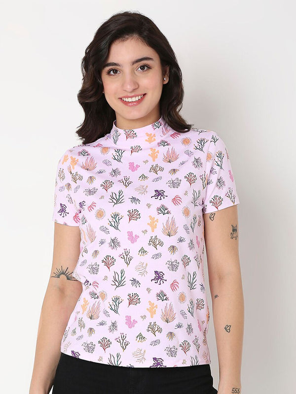 SPYKAR Women Conversational Printed High Neck T-shirt