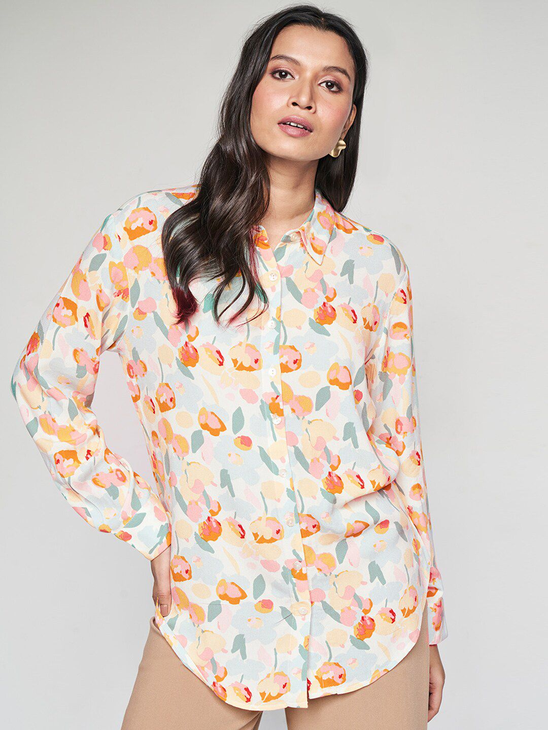 AND Floral Printed Cuffed Sleeves Shirt Style Top