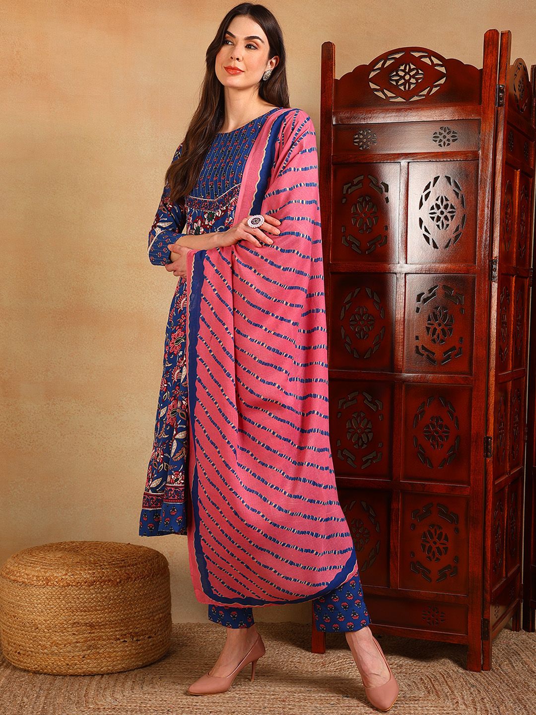 KALINI Ethnic Motifs Printed A-Line Kurta With Trousers &  Dupatta
