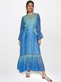 Global Desi Blue & Green Ethnic Motifs A-Line Maxi Dress With Waist- Tie Up