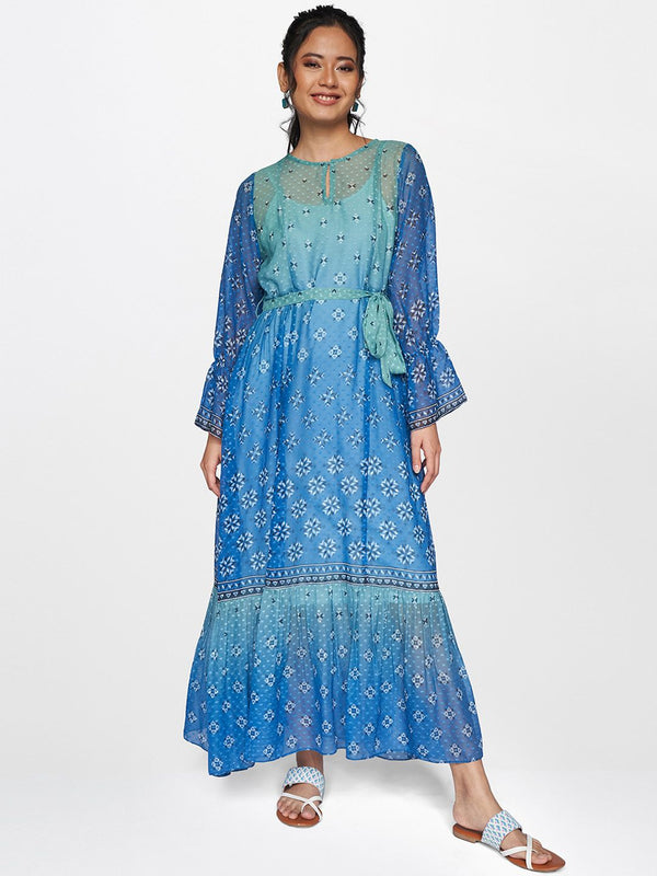 Global Desi Blue & Green Ethnic Motifs A-Line Maxi Dress With Waist- Tie Up