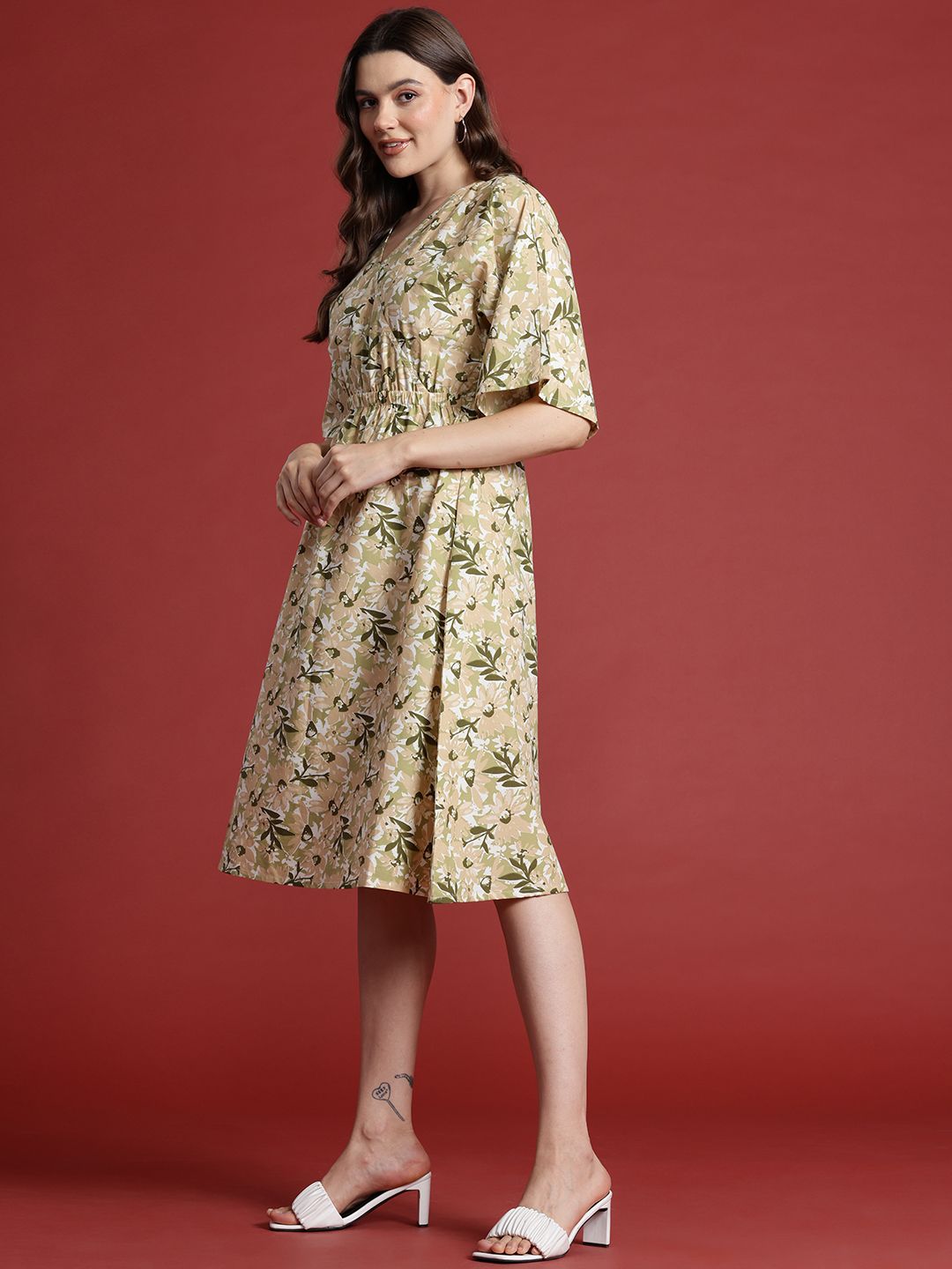 all about you Pure Cotton Floral Print Flared Sleeves Wrap Dress
