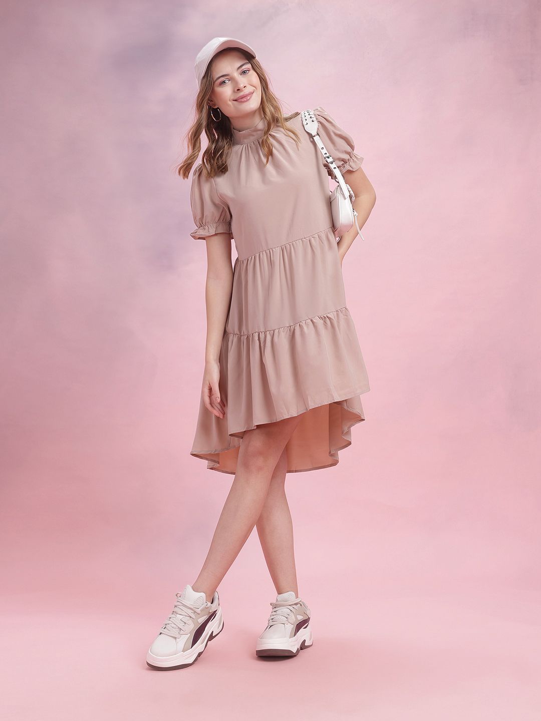 DressBerry Gathered Detail High-Neck Tiered A-Line Midi Dress with Tie-Ups