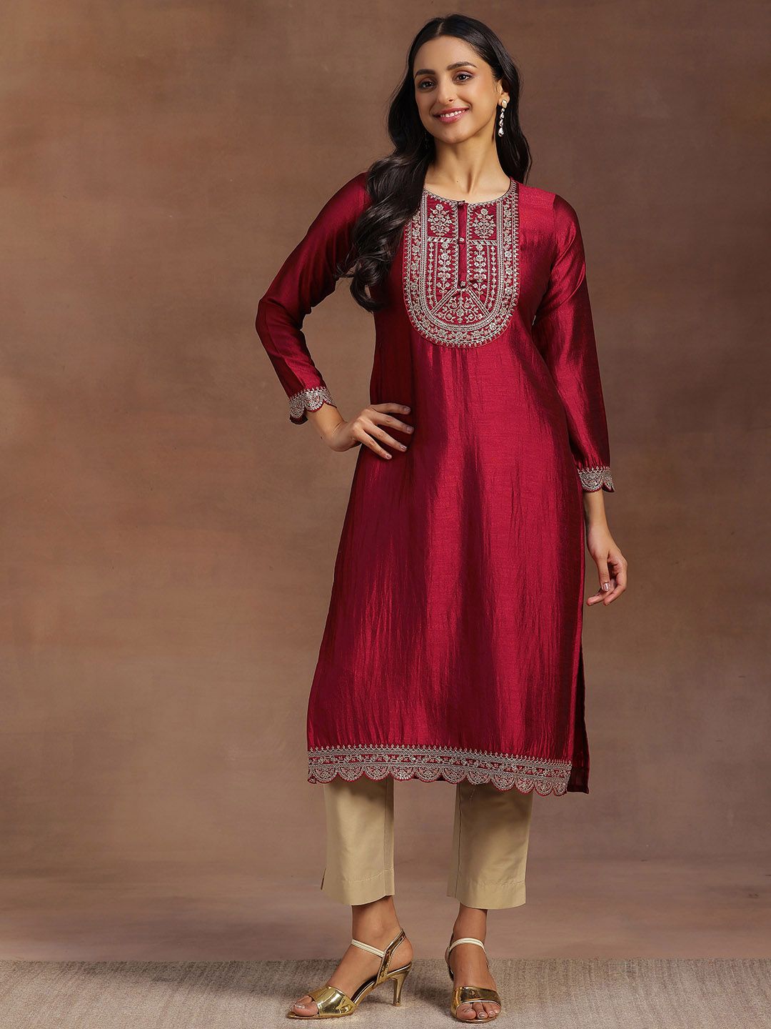 Libas Women Maroon Yoke Design Embellished Kurta