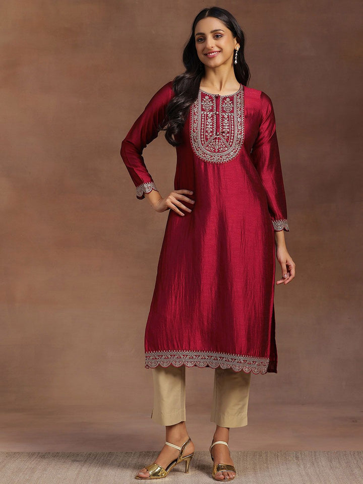 Libas Women Maroon Yoke Design Embellished Kurta