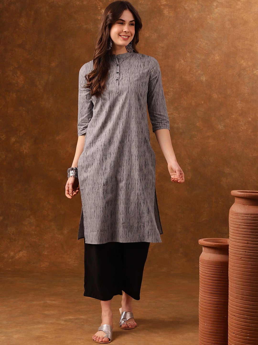 Anouk Grey Abstract Printed Mandarin Collar Cotton Kurta