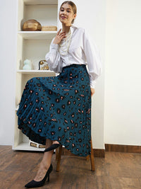 Berrylush Blue & Orange Animal Printed Accordion Pleated Flared Casual Midi A-Line Skirt