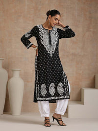 House of Chikankari Women Black Mulmul Chikankari Embroidered Kurta