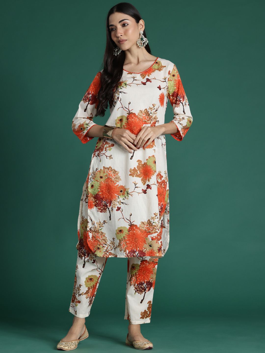 Indo Era Women Floral Printed Regular Pure Cotton Kurta with Trousers