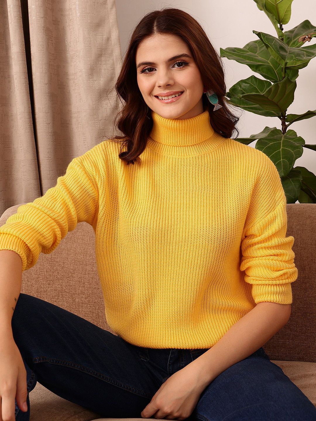 STREET 9 Yellow Ribbed Turtle Neck Acrylic Pullover Sweater