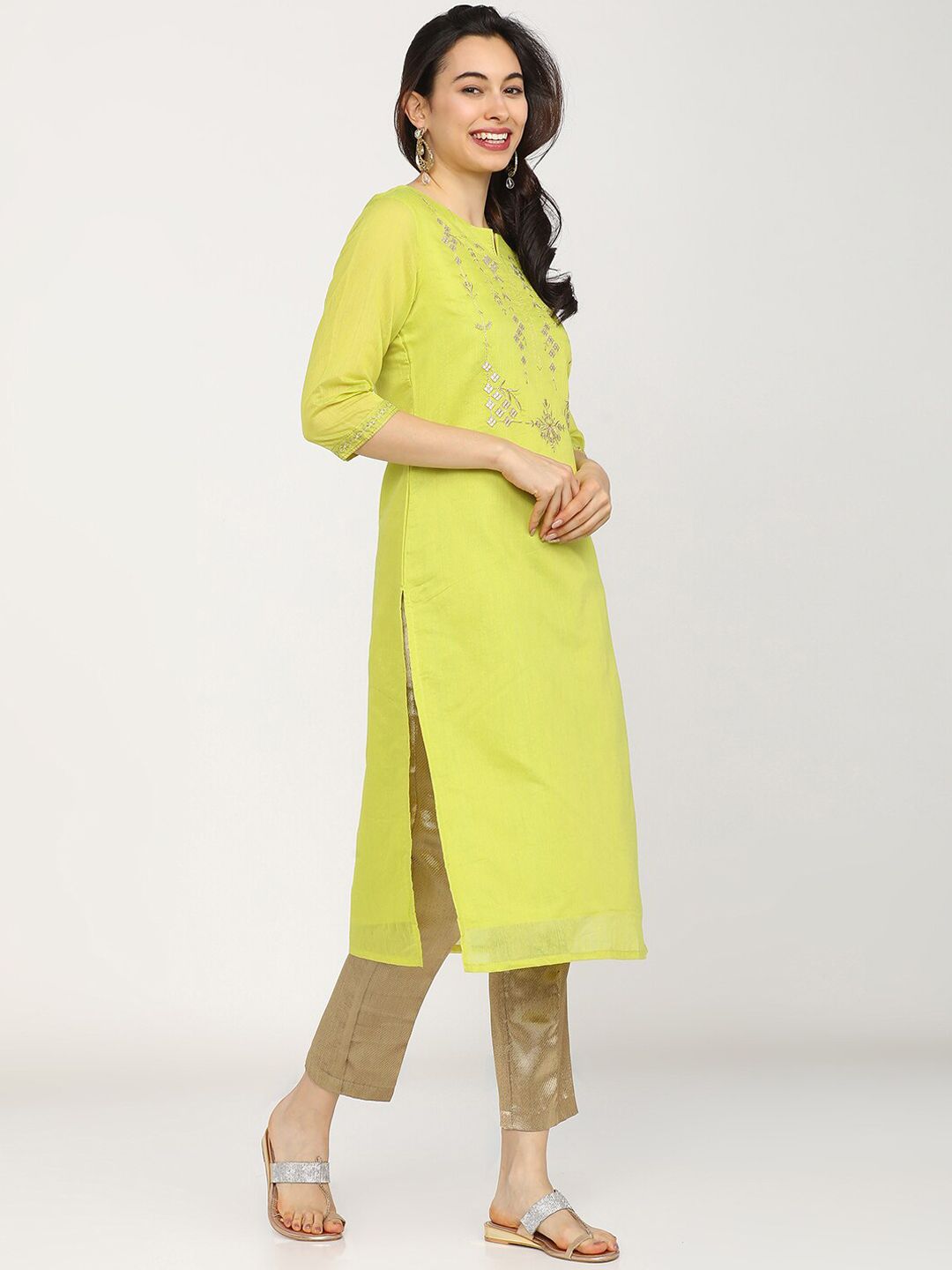 Vishudh Women Lime Green Embroidered Kurta