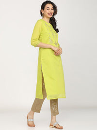 Vishudh Women Lime Green Embroidered Kurta