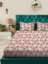 KLOTTHE Beige Floral Pure Cotton 400 TC Fitted King Superfine Bedsheet with 2 Pillow Covers-98 x 89 inches