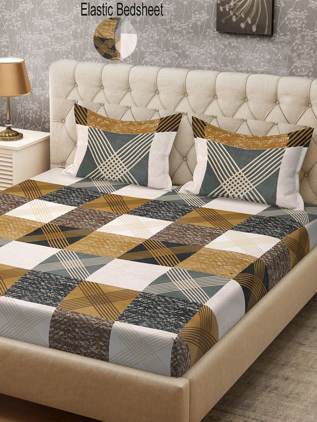 KLOTTHE Khaki & Grey 300 TC Fitted Super King Double Bedsheet with 2 Pillow Covers