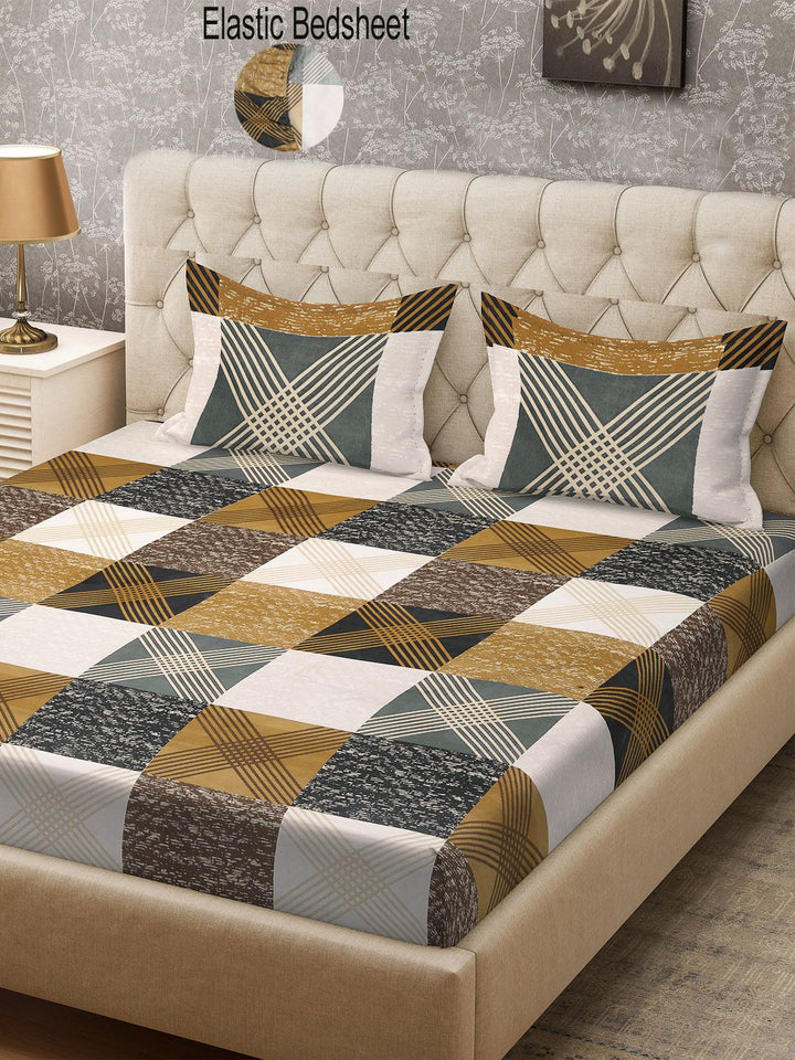 KLOTTHE Khaki & Grey 300 TC Fitted Super King Double Bedsheet with 2 Pillow Covers