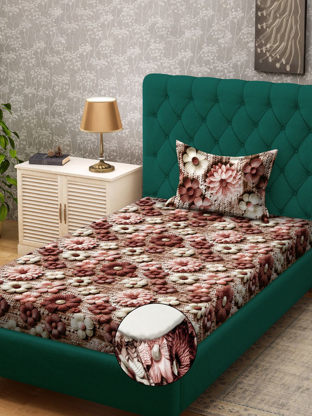 KLOTTHE Brown & Pink Floral Printed Fitted 300TC Single 7D Bedsheet With Pillow Cover