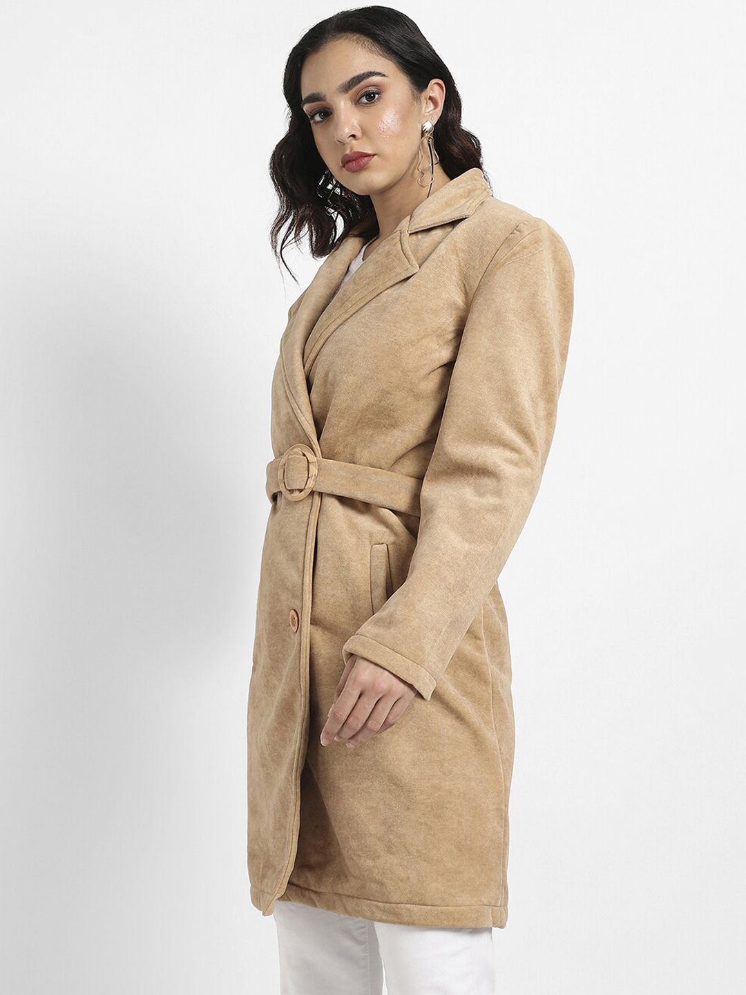 Campus Sutra Beige Single-Breasted Long OverCoat