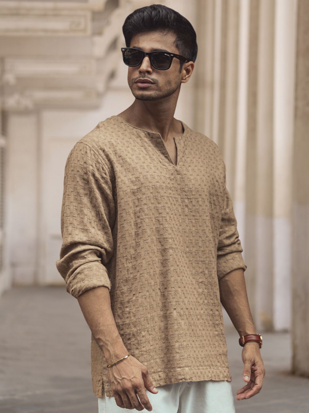 Powerlook Men Collarless Popcorn Texture Pure Cotton Casual Shirt