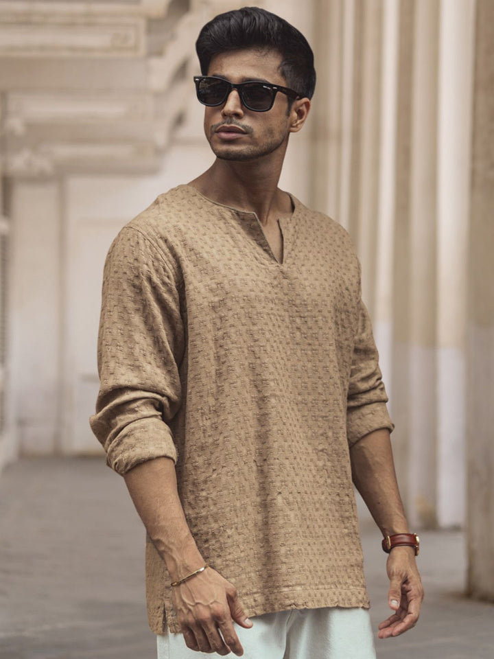 Powerlook Men Collarless Popcorn Texture Pure Cotton Casual Shirt